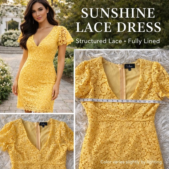 Lulu’s Yellow Lace Dress V-Neck Cocktail Mini Flutter Sleeve Structured Lace S - Picture 2 of 12